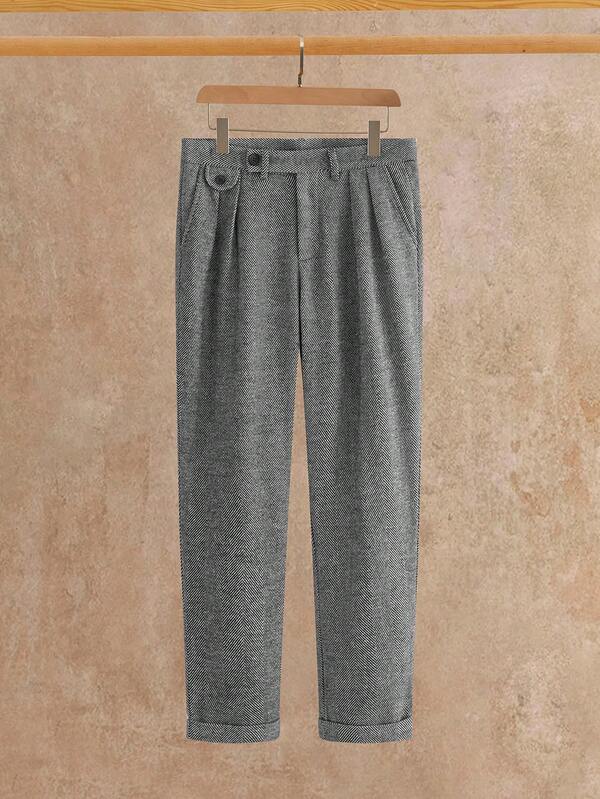 HIMLAND Pantalones casuales/de negocios con pliegues y espiga para hombres