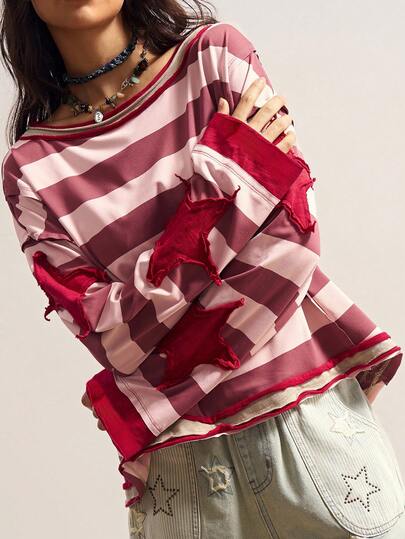 Bohemela Casual Knit Striped Boat Neck Loose Fit Women T-Shirt Star Applique Top Women Striped Top Women Long Sleeve Top Pink And Red Striped Top Women Casual Top