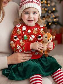 SHEIN Süße Cartoon-Lebkuchenmännchen, Weihnachtsmann, Rentier, Weihnachtsbaum Tasse Muster, Baby Mädchen Lässig bequemer dicker weicher warmer Rundhals Pullover Sweatshirt, geeignet für Herbst/Winter Weihnachten, festliche Neujahr, Zuhause, Feiertage