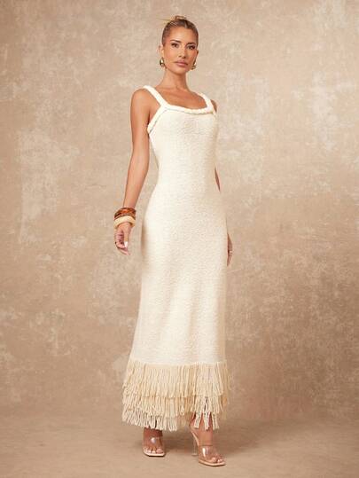 Lumalex Ivory Textured Knit Bodycon Maxi Dress With Braided Straps, Square Neckline, Layered Fringe Hem & Back Slit Detail, Perfect For Summer, Easter, Vacation, Holiday, Spring-Break Trips, Cruises, Beach Weekends, Vacations, Parties, Date Nights, Honey Moon, Weddings, Proms, Banquets, Birthdays, Carnivals, Festivals, And Other Holiday Events, Boho-Casual Flair, Quiet Luxury, Business Chic, And Relaxed Vacay Elegance, Style For Luxury Proms, Receptions, Banquets, Weddings, Raves, Festivals, Holiday Gatherings, Outdoor Evening Occasions-Ideal, Party Looks, Summer Dress, Summer Dresses For Women, Spring Outfit Women, Beach Dress, Beach Outfits, Carnival Women Look 2026, Party Dress, Elegant Party Dresses For Women, Wedding Guest Dress For Women, Elegant Dresses For Women, Vacation Outfits For Women, Vacation Dress