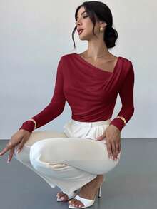 Firerie Women's Asymmetrical Loose Shoulder Long Sleeve T-Shirt, Sexy & Elegant Casual Commuter Top, Christmas - Red - View 3