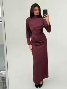 Aloruh Women's Backless Ruched Waist Fishtail Maxi Dress, Autumn/Winter Burgundy - Burgundy - View 3