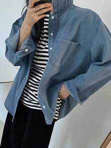 DAZY Women's Solid Color Loose Turndown Collar Denim Blouse, Spring/Autumn Long Sleeve Women - Blue - View 2