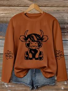 INAWLY 女士休闲心形和奶牛印花 T 恤，秋季图案 T 恤女士上衣 - 橘色 - 查看 1