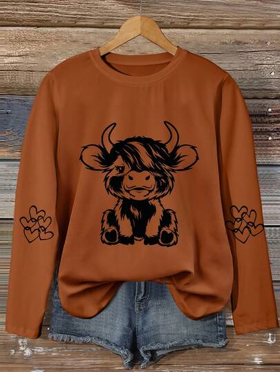 INAWLY Women's Casual Cute Heart Cow Print T-Shirt, Autumn Graphic Tees Women Tops Travel Brown