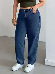 EURMUSE Plus High Waist Snow Wash Mom Fit Jeans - Dark Wash - View 5