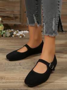 Mujer Confort Hebilla Punta Cuadrada Sin Tacón Estilo Clásico Oficina Diario Mary Jane - Negro - Ver 2