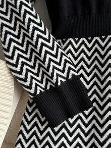 Vestito in maglia a collo alto con volant, motivo a onda triangolare, nero e bianco, stile scolastico, vestito comodo e stretch, versatile, adatto per Natale e vacanze - Bianco e nero - Visualizzare 4