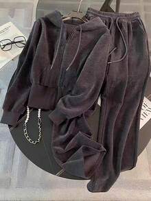 Franclia 2件套大码女式宽松连帽衫和阔腿裤套装