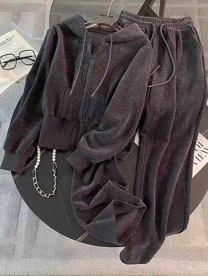 Franclia 2件套大码女式宽松连帽衫和阔腿裤套装