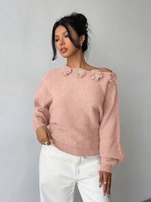 Elenzga كنزة نسائية أنيقة بتصميم أزهار وزخارف من الراين، كتف غير متماثل، لون أحادي - وردي - مشاهدة 6