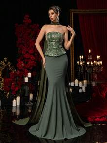 Glamrae Elegant Luxurious Contrast Sequin Lace Patchwork Satin Maxi Dress, Suitable For Wedding, Party, Honeymoon, Formal Occasions, Valentine's Day - Dark Green - View 7
