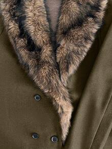 Xyvia 标准尺寸女式长款翻领大衣，仿毛领，双排扣，A 字型，秋冬款 - 軍綠色 - 查看 7