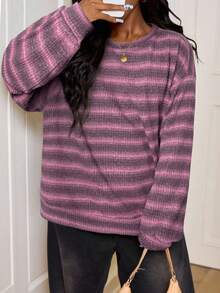 SHEIN PETITE CURVE 大码圆领条纹套头衫，休闲Y2K 90年代风格毛衣，秋冬款 - 粉色 - 查看 4