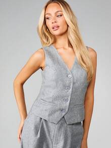 MISSGUIDED Sleeveless Button Front Waistcoat Professional Business Vest Office Formal Blazer Jacket - Light Grey - View 6