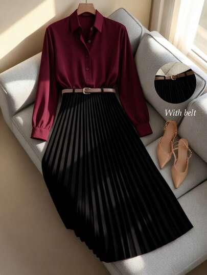 Franclia 休闲通勤百搭纯色长袖衬衫搭配女士A字裙、百褶裙、长裙，配腰带，春秋季，卡其色女套装，女士两件套，女士连衣裙，秋装/春装，女士休闲装，女士教师制服