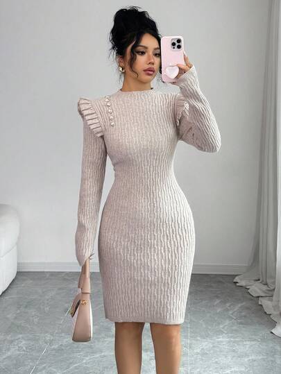 SHEIN Elenzya Women's Solid Color Elegant Mock Neck Ruffle Shoulder Button Decor Fitted Textured Long Sleeve Midi Sweater Dress