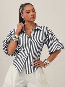 Vixey Blusa de manga larga con cuello y botones con lazo en la espalda - Blanco y Negro - Ver 4