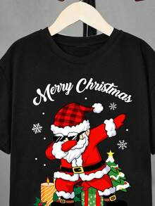 青少年男童休闲舒适圣诞图案T恤，圣诞老人、圣诞树图案，圆领短袖，适合夏季穿着 - 黑色 - 查看 4