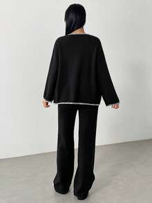 FavEase Set de 2 piezas de mujer con cardigan holgado de contraste y pantalones de punto - Blanco y Negro - Ver 2