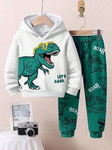 年轻男孩休闲宽松舒适卡通动物可爱恐龙运动风涂鸦宽松长袖连帽衫两件套，适合秋冬 - 彩色 - 查看 2