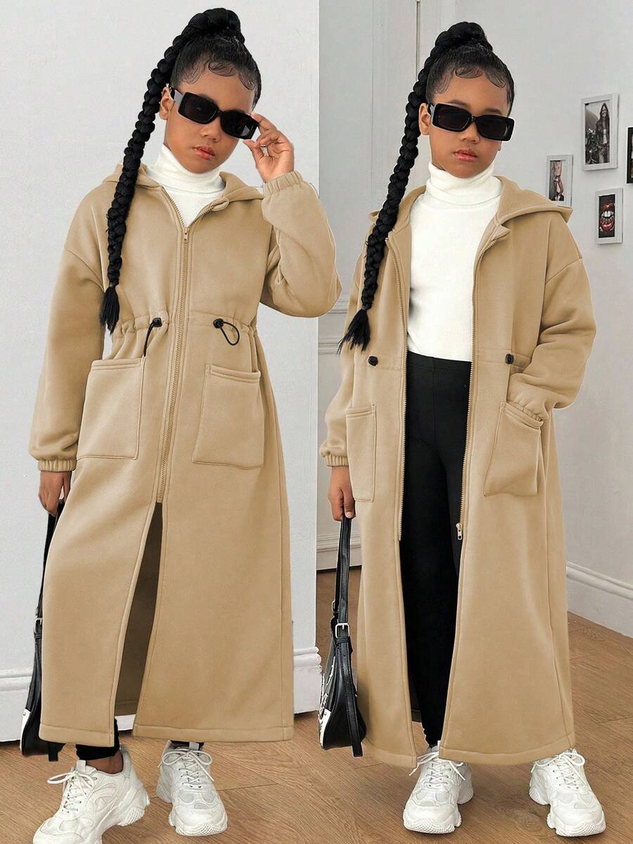 SHEIN Sparklyn 少女休闲百搭长款连帽外套，适合居家、上学、运动等多种场合，收腰设计，秋冬季款 - 卡其色 - 查看 1