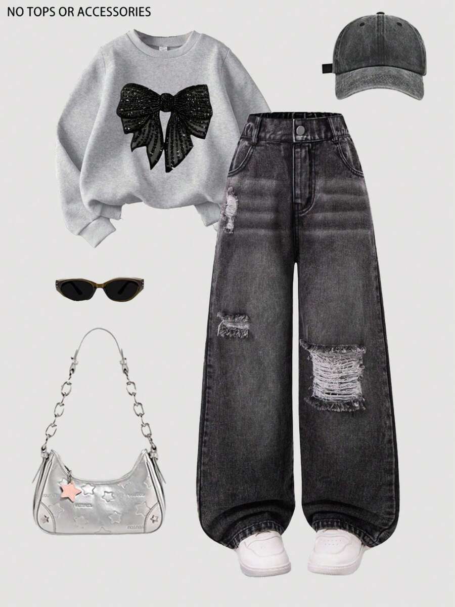 Jeans à jambes larges déchirés style Y2K pour préadolescentes, tissu doux et confortable, convient pour le port quotidien, l'école et les déplacements, disponible en couleur jean noir, printemps/été/automne/hiver