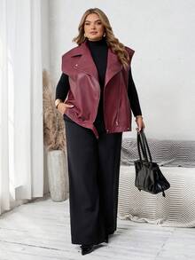 SHEIN CURVE+ 大码女式秋冬时尚休闲宽松舒适日常基本百搭红色 PU 皮背心夹克、秋季外套、休闲女装、女式秋季服装、女式西装、返校装、Y2k 服装、街头服饰、女式冬季夹克 - 酒紅色 - 查看 7