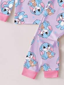 小女孩兔子印花撞色饰边圆领长袖舒适睡衣套装，2 件套，适合秋冬季 - 紫色 - 查看 5