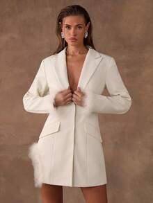 SHEIN BAE Women's Fall/Winter Fashion Collection Faux Fur Collar & Hem Long-Sleeve Suit Dress Featuring A Flattering Openwork Design Along The Side Seams Perfect For Parties, Birthday Celebrations, Girls' Nights Out, And Christmas Gatherings