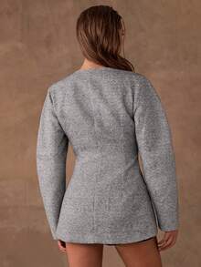 SHEIN BAE Blazer Minimalista de Manga Longa Casual com Estampa Xadrez e Sem Colarinho - Cinza - Visão 2