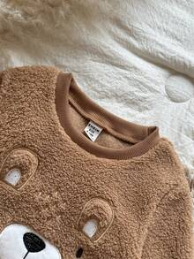 Vintaside Kids 女婴秋冬毛绒可爱熊刺绣圆领长袖卫衣搭配简约休闲熊数码印花裤套装，适合露营和居家穿着 - 棕色 - 查看 5