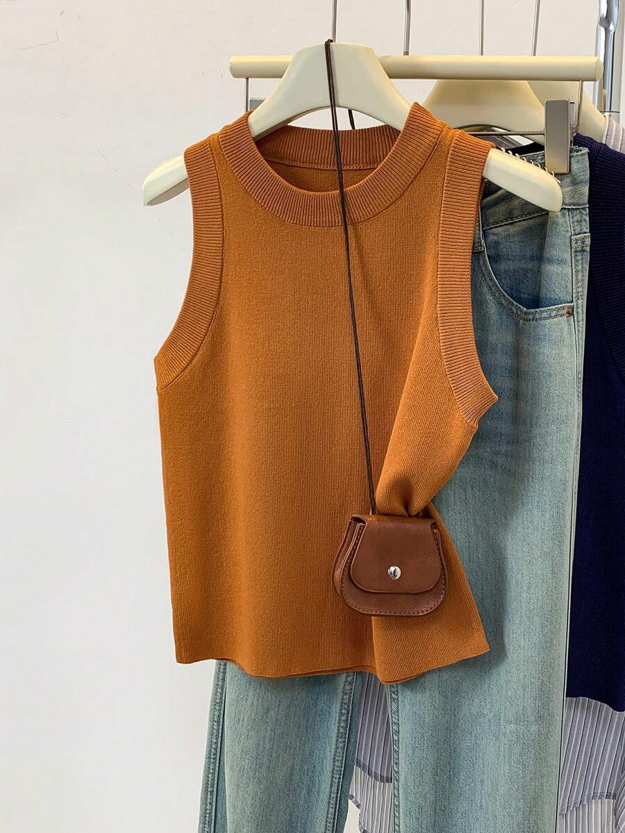SHEIN Áo len dệt kim cổ tròn màu trơn thường ngày cho nữ, Thu/Đông - Rỉ Nâu - Xem 1