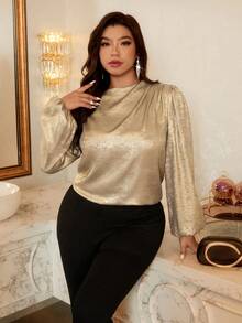 Firerie Plus Size Women's Elegant Gold Blouse,Autumn Office Commuter Work Attire,Ruffle Shoulder Puff Sleeves Top,Suitable For Party New Year Spring Winter - Gold - View 1