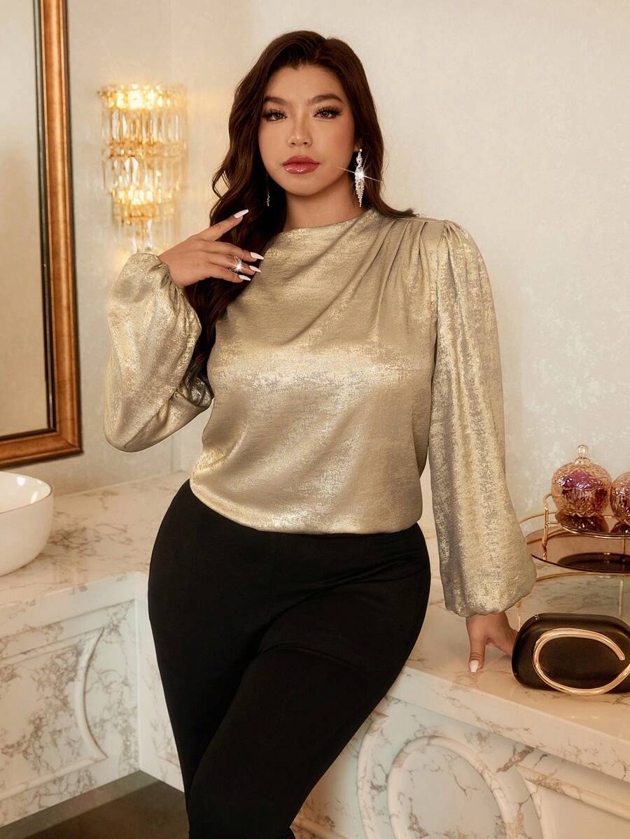 Firerie Plus Size Women's Elegant Gold Blouse,Autumn Office Commuter Work Attire,Ruffle Shoulder Puff Sleeves Top,Suitable For Party New Year Spring Winter - Gold - View 1