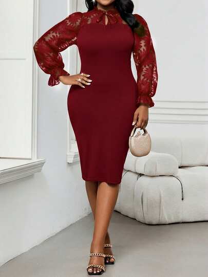 SHEIN Lady 2025 New Spring And Summer Elegant Commuting Office Burgundy Knitted Tie Neck Pencil Flounce Sleeve Contrast Lace Midi Short Sleeve Plus Size Dresses Summer Outfits For Women Summer Dresses For Women Dresses For Women Elegant Office Outfits For Women Women Clothing Summer Office Burgundy Dresses Lantern Sleeve Dress Elegant Midi Dress Long Sleeve Elegant Dress Curve Elegant Dress Christmas Dress New Year Dress Winter Dress Women Christmas Outfit For Women Elegant Dress Women Stylish Clothing Collection Red Dress
