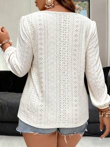 Vionelle Plus Size Women's French Style Casual Elegant Hollow V-Neck Long Sleeve T-Shirt