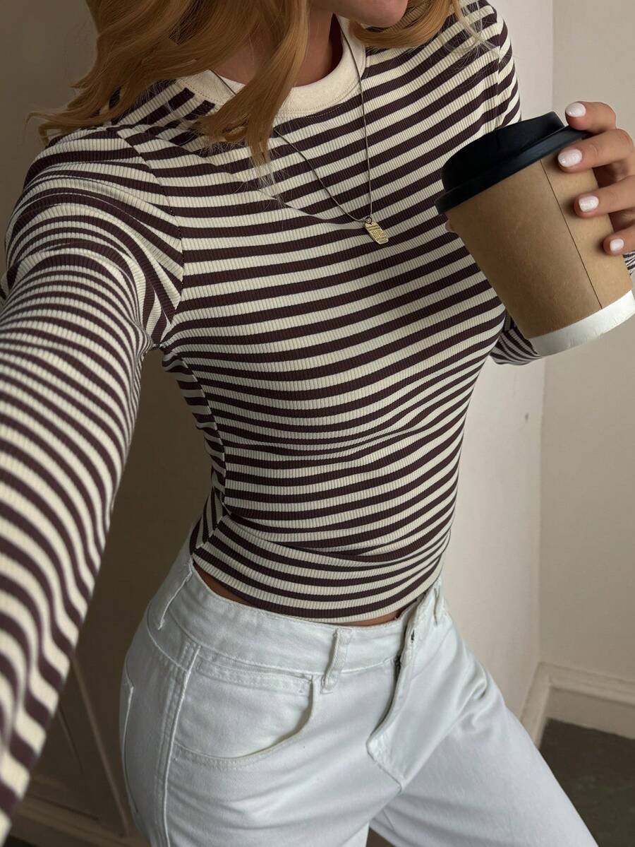 Livesso Women's Autumn Fitted Crew Neck Striped T-Shirt Long Sleeve Women - Coffee Brown - View 1