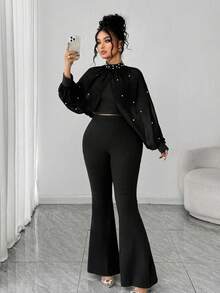 Elenzga Conjunto de dos piezas de talla grande para mujer, compuesto por una blusa de cuello alto ajustada con parches de malla y cuentas, emparejada con pantalones holgados de pierna acampanada, un conjunto elegante y sofisticado cómodo para uso diario y fiestas - Negro - Ver 3