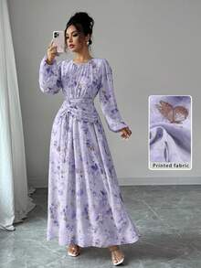 Modelyn Women's Summer Chiffon Butterfly Print Ruched Round Neck Long Sleeve Dress Lavender Dress Women Lilac Dress Long Sleeve Purple Dress Purple Floral Dress Women Purple Butterfly Dress - Purple - View 1