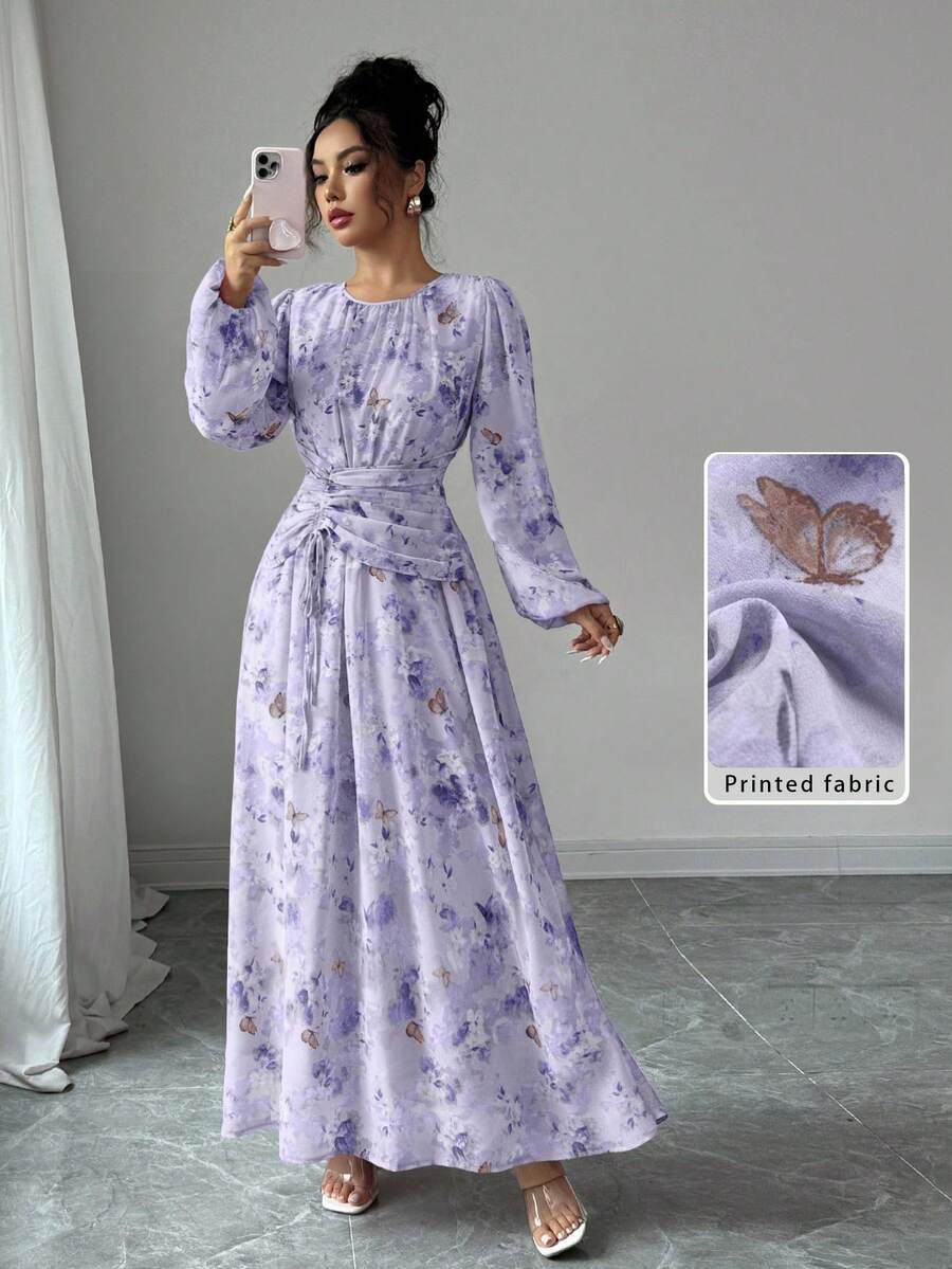 Modelyn Women's Summer Chiffon Butterfly Print Ruched Round Neck Long Sleeve Dress Lavender Dress Women Lilac Dress Long Sleeve Purple Dress Purple Floral Dress Women Purple Butterfly Dress - Purple - View 1
