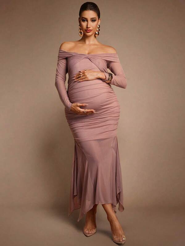 MaterniChic Vestido de Maternidade Elegante de Festa, Cor Sólida, Ombro Caído, Nó Torcido