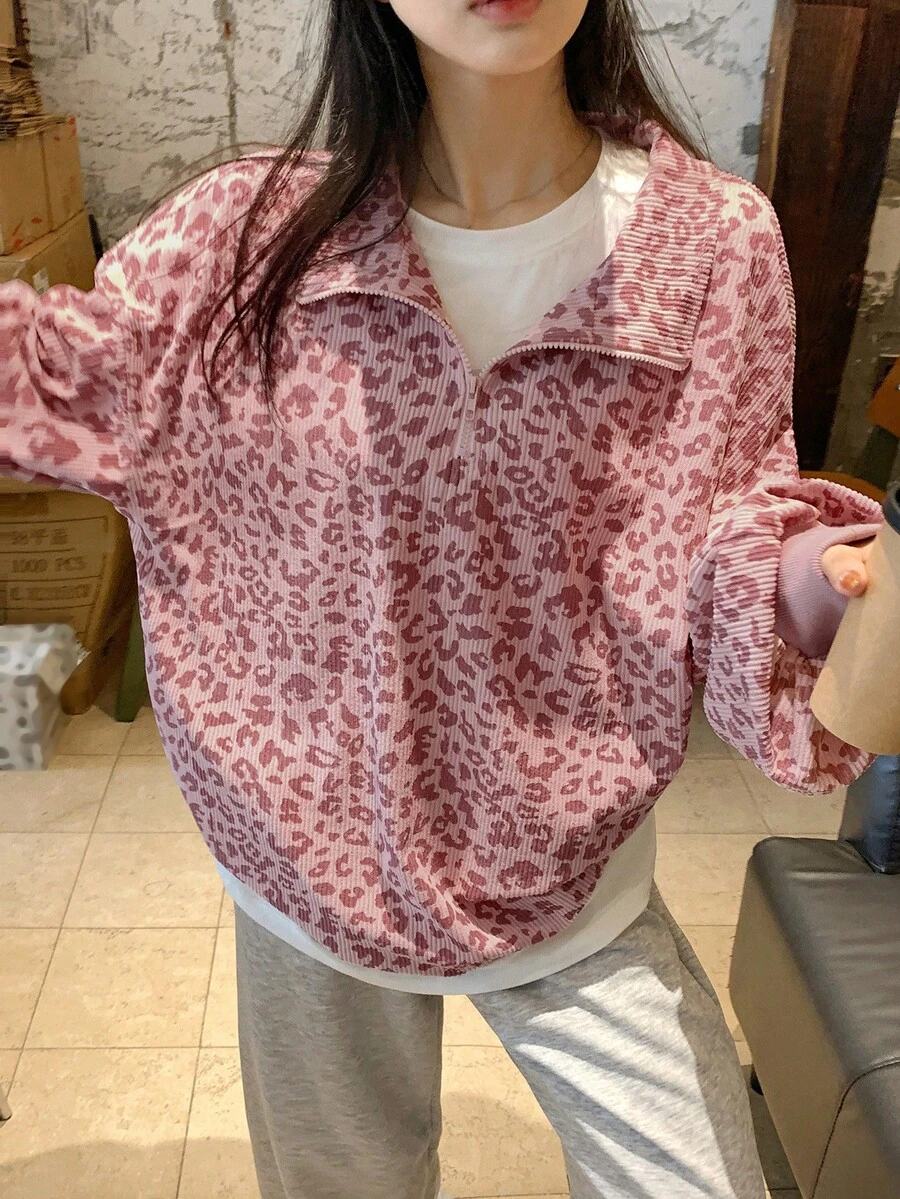 DAZY 女式豹纹灯芯绒领宽松套头休闲运动衫 - 粉色 - 查看 1