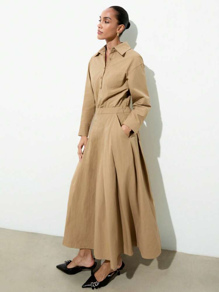 SHEIN Maija Women's Solid Color Long Sleeve Button Half Placket Pocket Casual Shirt Dress Thanksgiving Outfits For Women