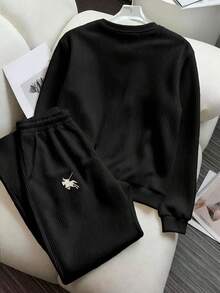 SHEIN 2 piezas Conjunto de pana con patrón minimalista bordado, regalo de moda para amigos - Negro - Ver 2