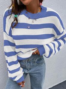 SoleilVie 女式休闲拼色条纹毛衣，秋冬 - 彩色 - 查看 8