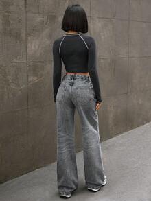 EURMUSE Quần jean ống rộng cạp trễ màu tuyết cho nữ - Xám - Xem 2