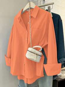 INAWLY Plus Size Casual Solid Color Front Button Long Sleeve Shirt, Autumn