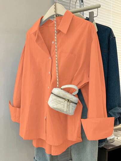 INAWLY Plus Size Casual Solid Color Front Button Long Sleeve Shirt, Autumn