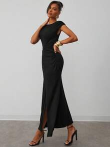 Hauture Abito midi casual e dimesso con scollo a barca, plissettato, senza maniche, con ornamento dorato - nero - Visualizzare 5